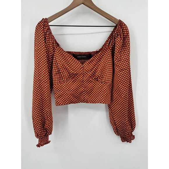 Code X Mode Crop Top Women Medium Copper Polka Dot Satin Long Sleeve Smocked - Picture 1 of 10